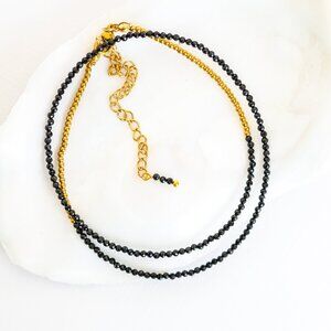 Black Spinel Beaded Necklace Gold Waterproof Layering Necklace Black Jewelry